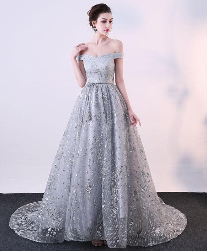Gray Off Shoulder Long Prom Dress, Evening Dress