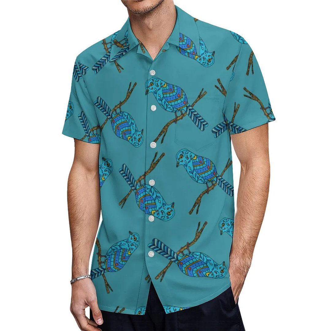 Short Sleeve Blue Bird On Branch Hawaiian Shirt Mens Button Down Plus Size Tropical Hawaii Beach Shirts