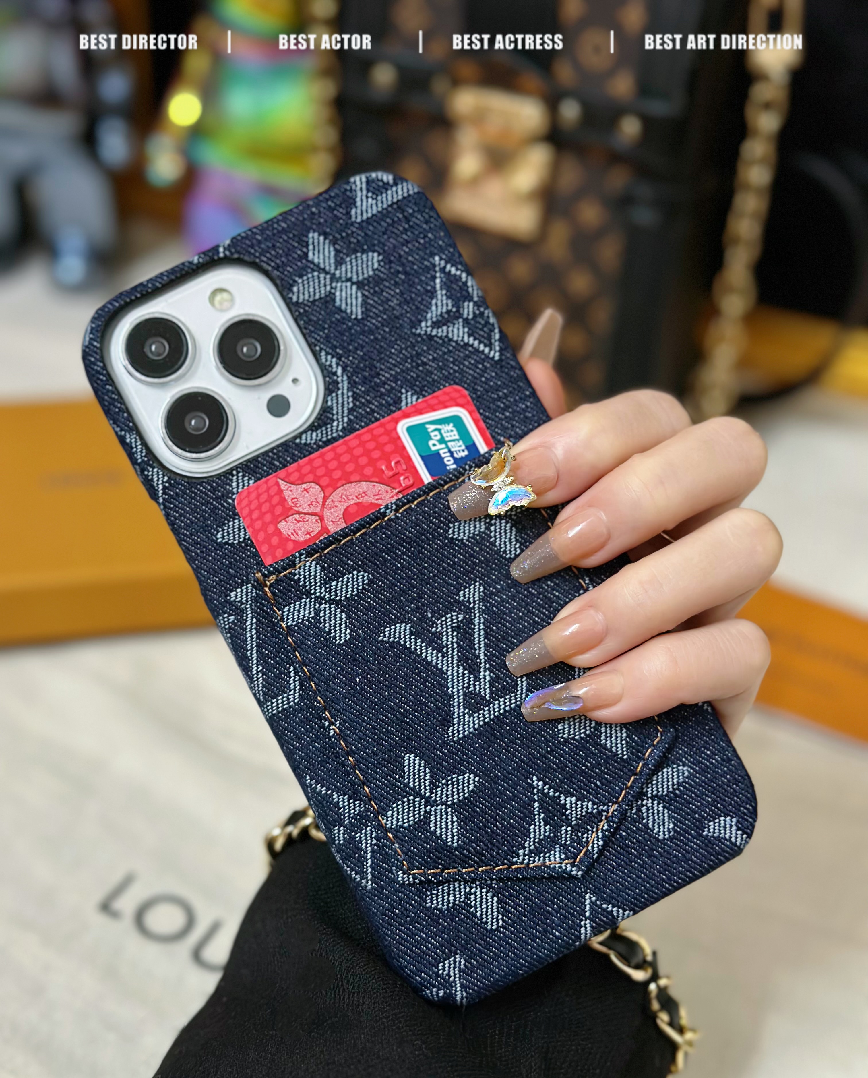 Denim Canvas LV Back Card Slot Apple iPhone Case