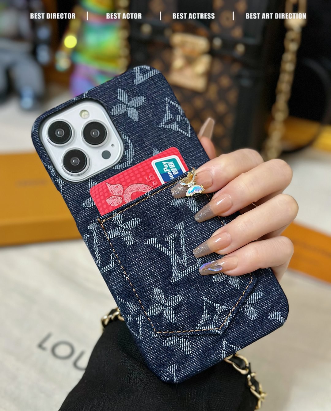 Denim Canvas LV Back Card Slot Apple iPhone Case