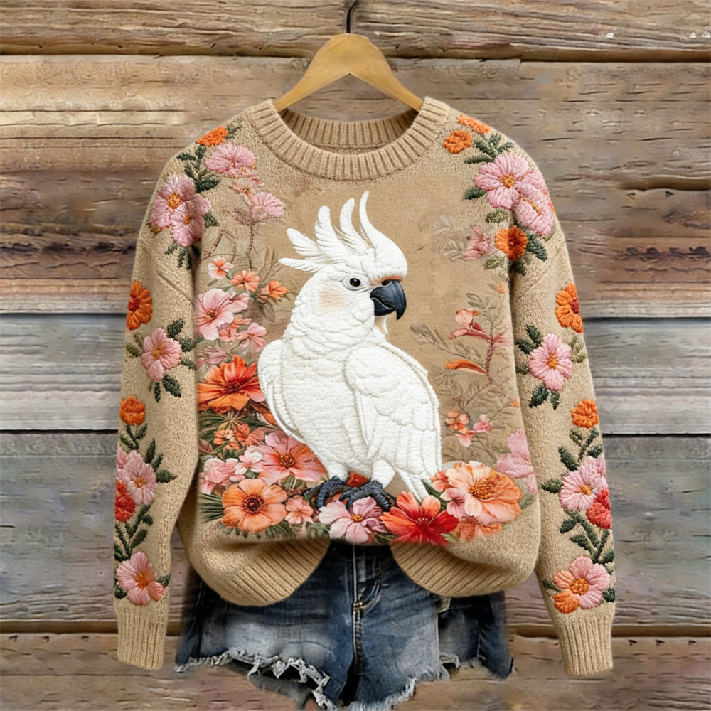 Vintage Forest Parrot & Floral Pattern Crew Neck Cozy Sweater wearshes