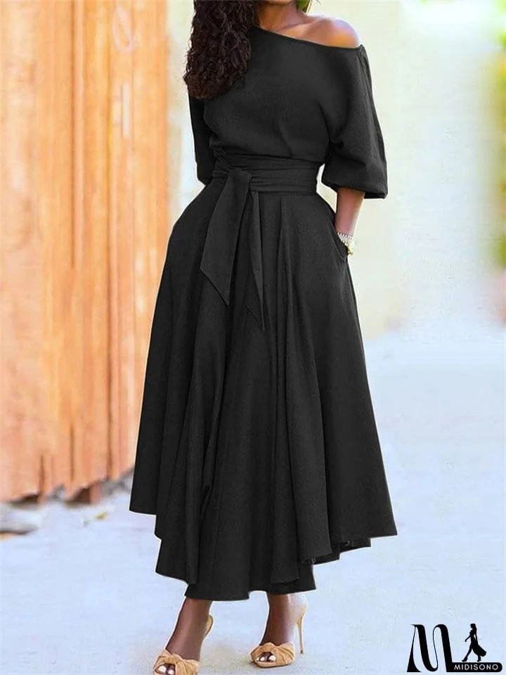 MidiSono - Women's Temperament Off Shoulder Lace Up Half Sleeve Dress