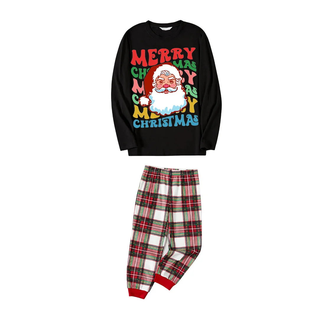 Colorful "Merry Christmas" and Santa Claus Print Black Top with Red & White & Green Plaid Pants Family Matching Pajamas