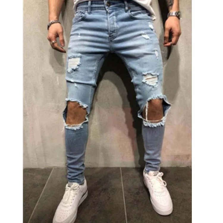 Men Jeans Streetwear Knee Ripped Skinny Hip Hop Destroyed Hole Stretch Casual Denim Trousers at Hiphopee