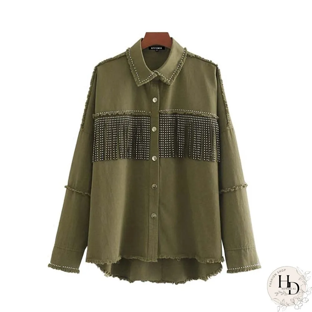 Womens Fashion Tassel Beaded Oversized Denim Jacket Coat Vintage Long Sleeve Frayed Hem