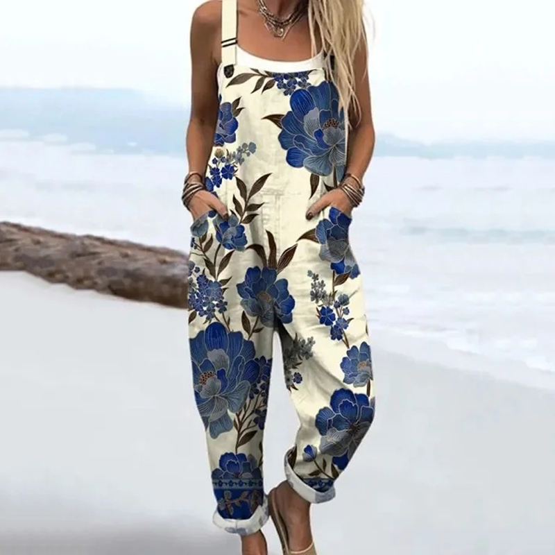 Comstylish Women's Vintage Flower Print Casual Jumpsuit