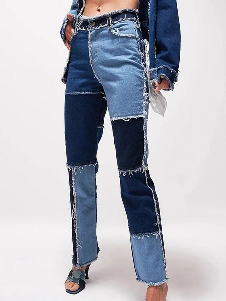 Fashion Colorblock Spliced Raw Edge Pocket Straight Pants