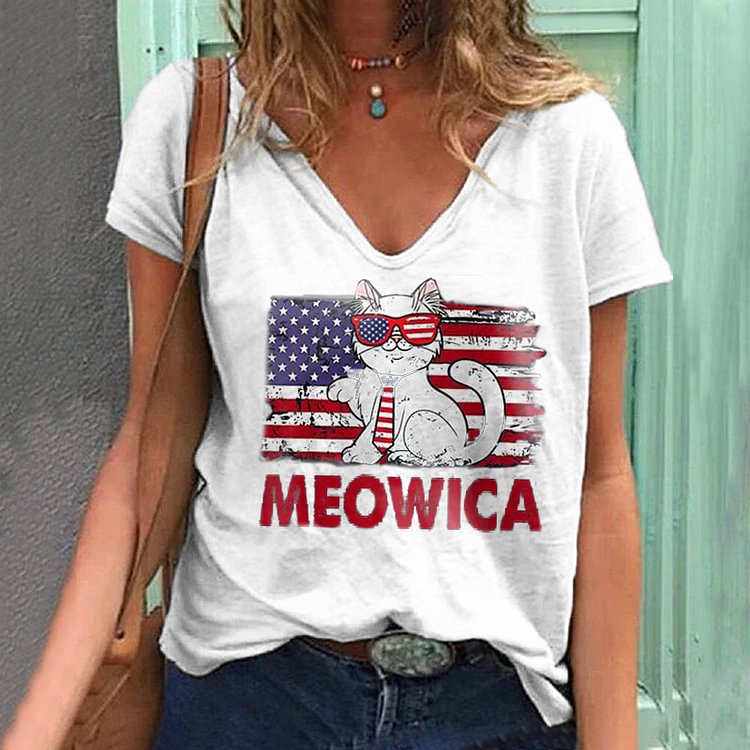 Comstylish Casual Meowica Cat Flag Print V-Neck T-Shirt