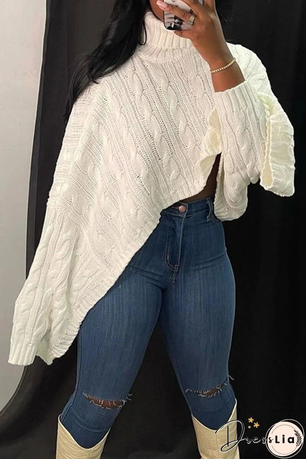 Solid Color Turtleneck Bat Sleeve Sweater Crop Top