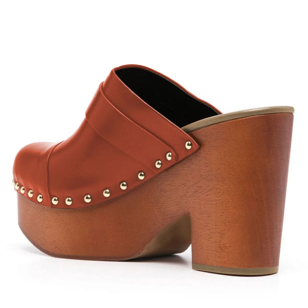 Orange Studded Buckle Strap Round Toe Platform Mules with Block Heel