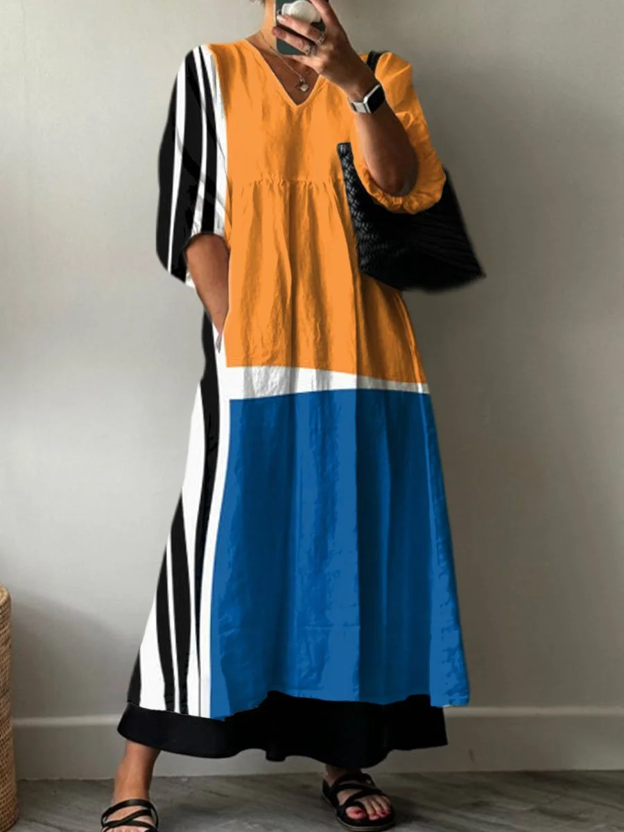 Women's  Minimalist Retro Print Pocket V-neck Cotton Dress
