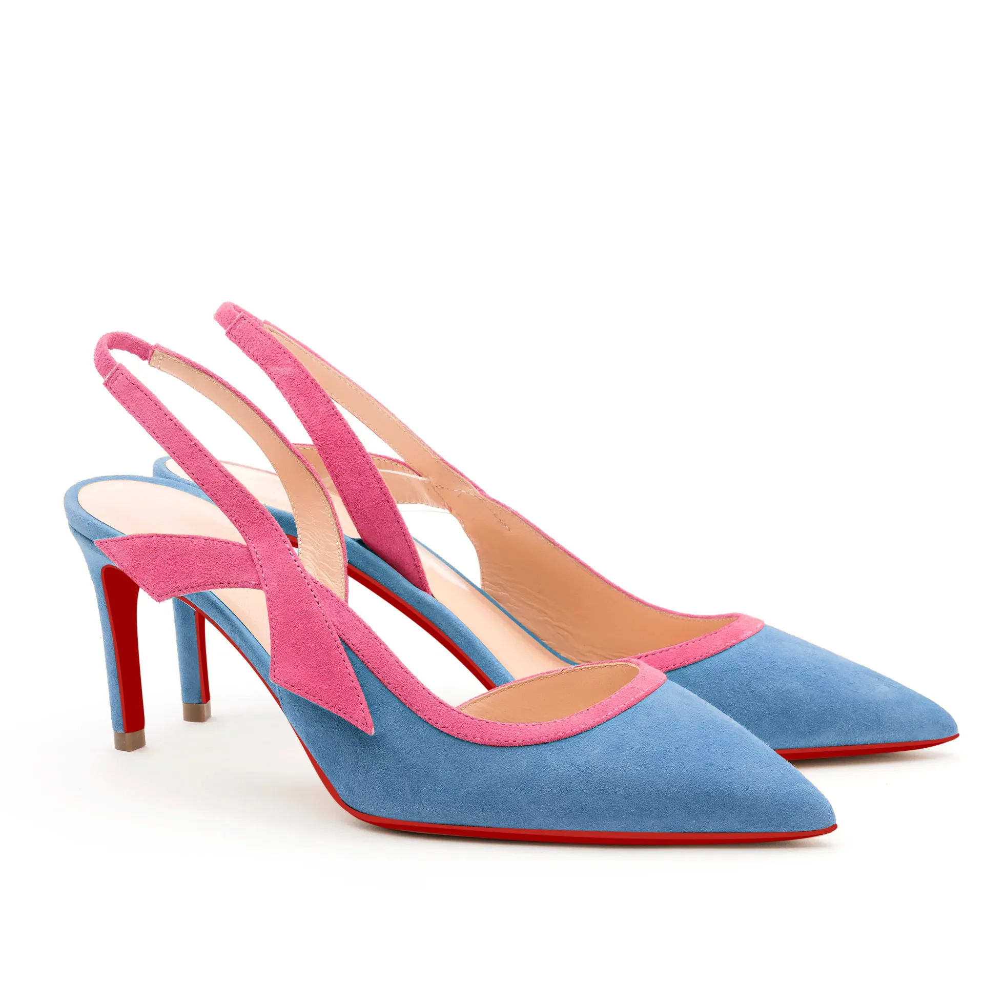 65mm Women's Pointed Toe Stitching Color Kitten Stillettos Slingback Red Bottoms Pumps Sandals-vocosishoes