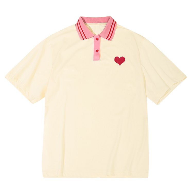 Love Heart Print Casual Polo T-Shirt - Modakawa modakawa