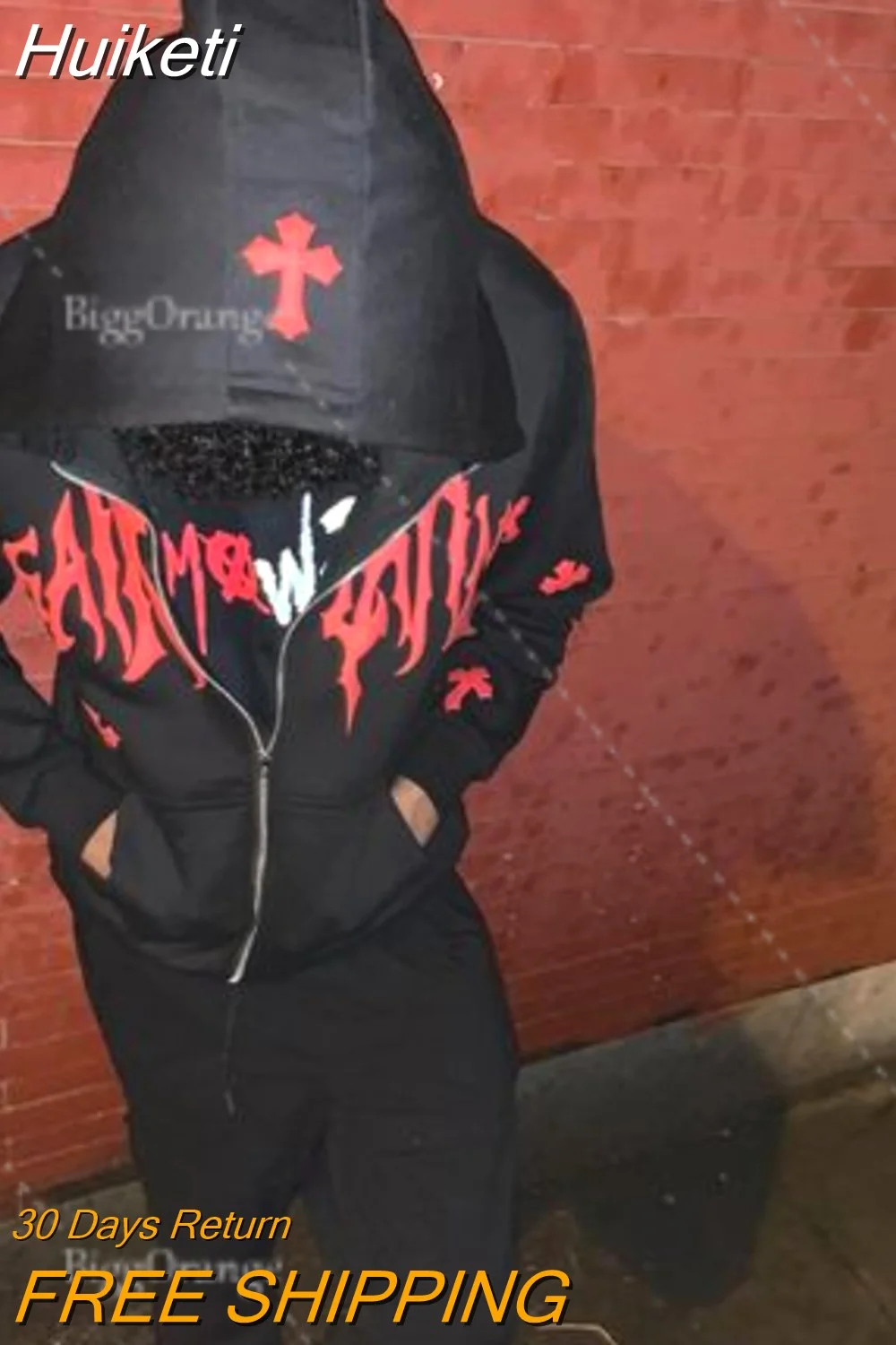 Huiketi New Retro Gothic Print Zipper Hoodie Cardigan Men Street Hip Hop Fashion Trend Sweatshirt Couple Thickened Loose Hoodie Top