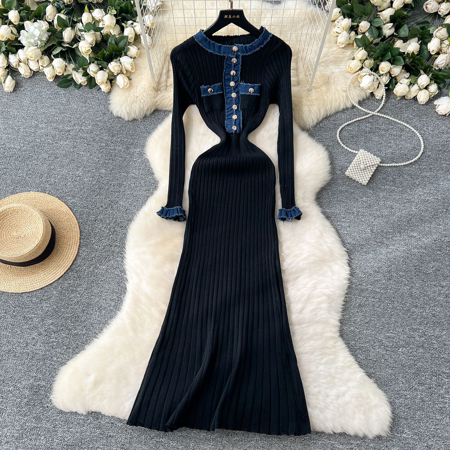 Kanonion Long Dress Women Dresses Knitted Bodycon Vestidos Streetwear Round Neck High Waist Elegant Button Y2k Party Club Slim Fit White