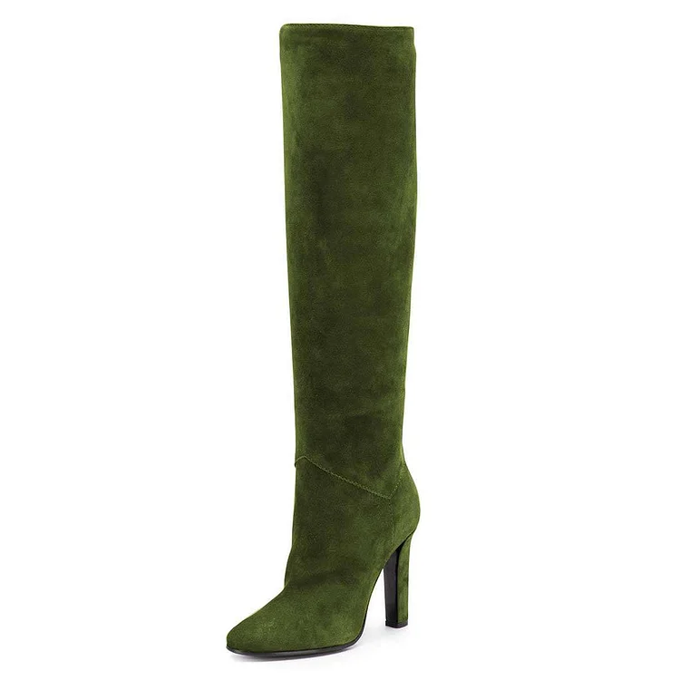 Green Vegan Suede Chunky Heel Boots Knee-high Boots |FSJ Shoes