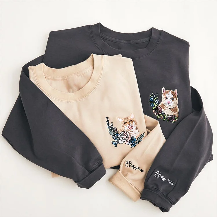 Custom Embroidered Pet Sweatshirt with Flowers - Personalized Dog Cat Portrait Crewneck Hoodie