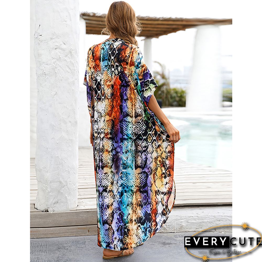 Orange Button-down Holiday Beach Kimono Dress with Pocket