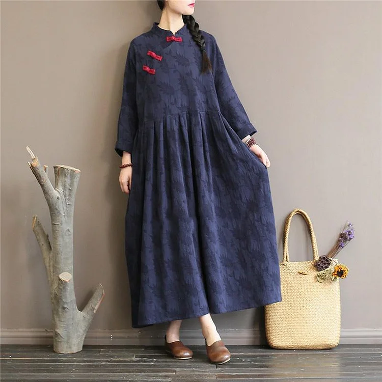 Vivid Chinese Button cotton stand collar clothes Women Catwalk blue Maxi Dresses