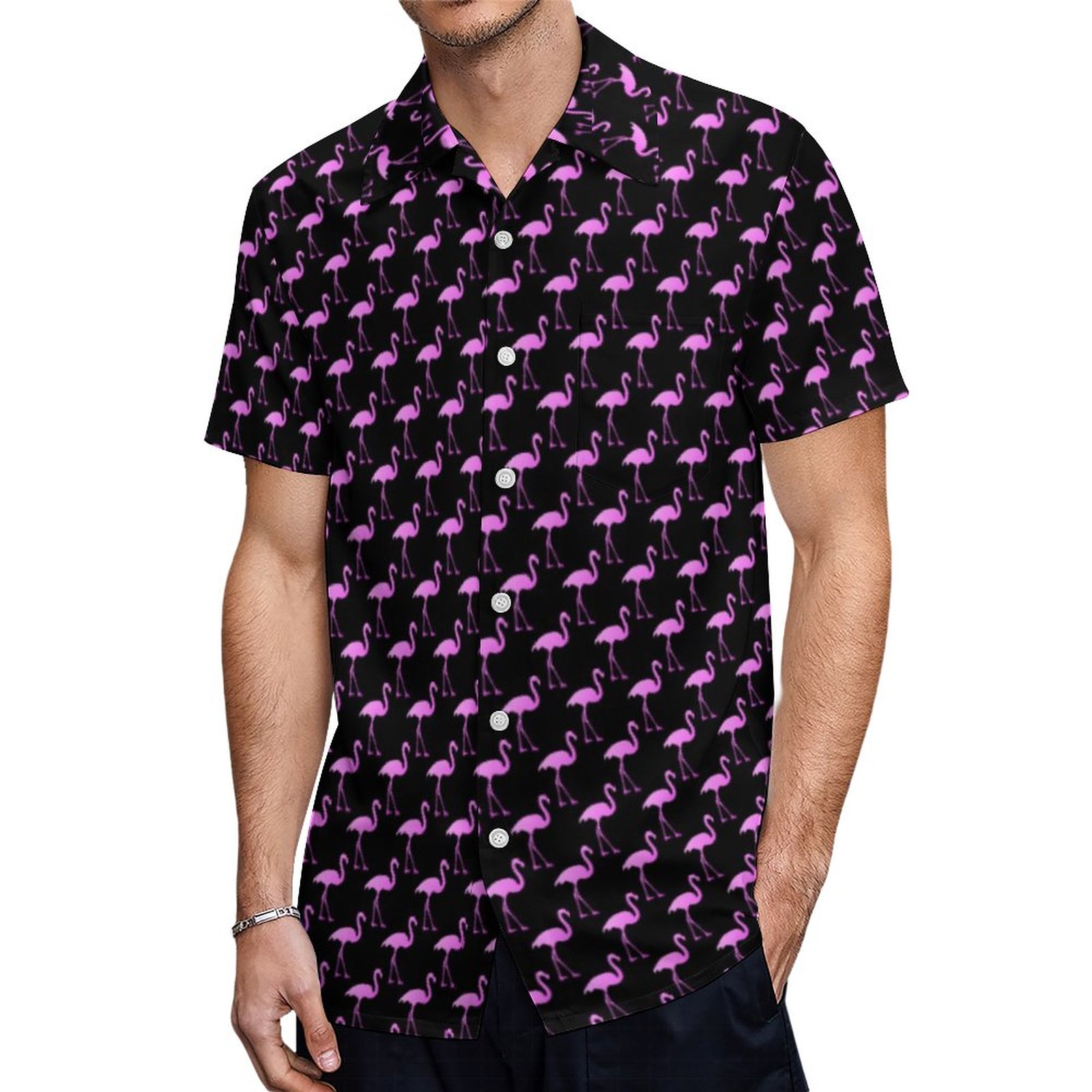 Neon Pink Flamingo Bird Print Black High Waist Hawaiian Shirt Mens Button Down Tropical Hawaii Beach Shirts