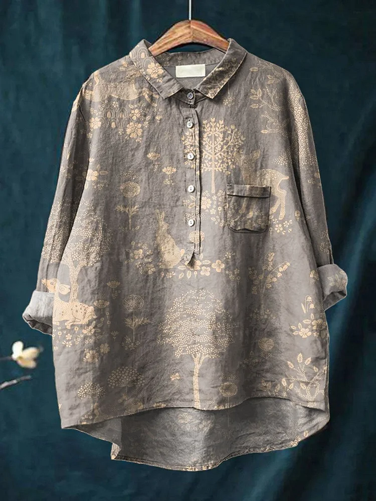 Women's Vintage Lovely Animals Woodland Pattern Art Print Casual Cotton And Linen Shirt