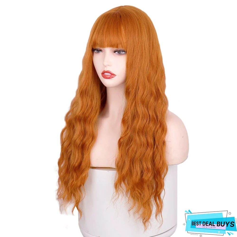 Qi Bangs Long Curly Wavy Chemical Fiber Wig Head Cover