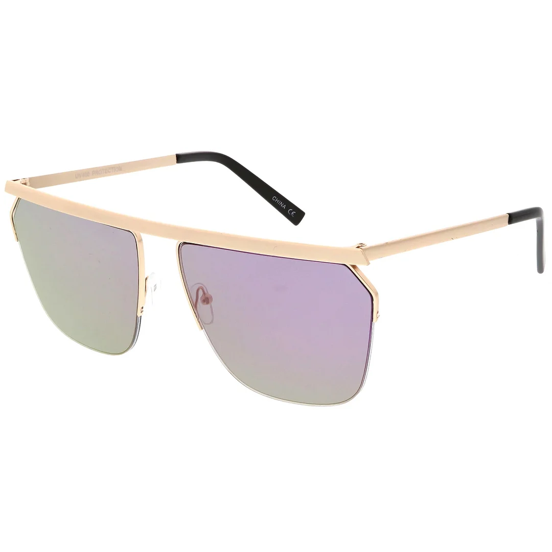 Overesize Modern Semi Rimless Aviator glasses Straight Crossbar Color Mirrored Flat Lens 63mm