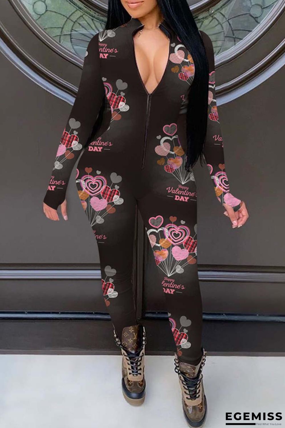 Black Fashion Living Print Basic Zipper Collar Skinny Jumpsuits | EGEMISS