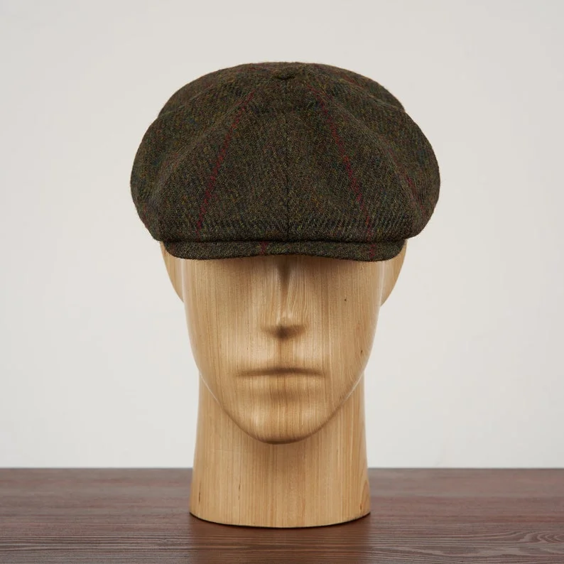 SHELBY Harris Tweed Genuine Scottish 8 Panels Newsboy PEAKED  Cap Applejack Bandit Hooligan Vintage Gangster Wool Fall Hat GREEN-RED