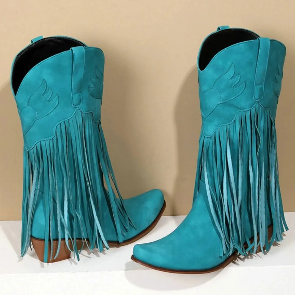 Turquoise Snip Toe Block Heel Embroidered Mid Calf Fringe Cowgirl Boots