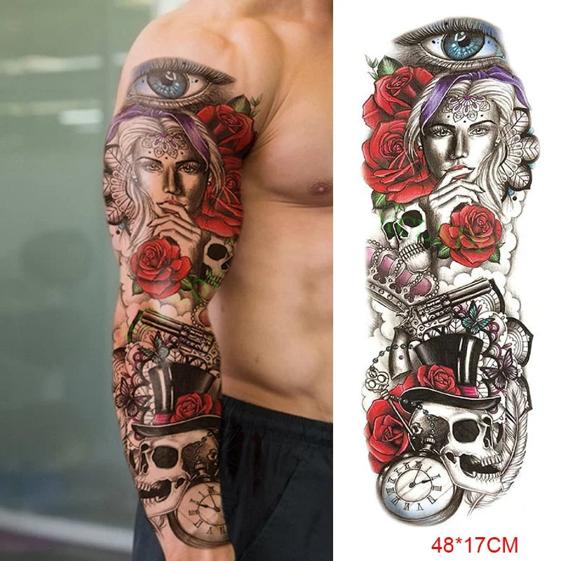 Waterproof Temporary Tattoo Sticker Anubis Ancient Egypt Dog Roma Clock Eye Full Arm Fake Tatto Flash Tatoo Sleeve for Men Women