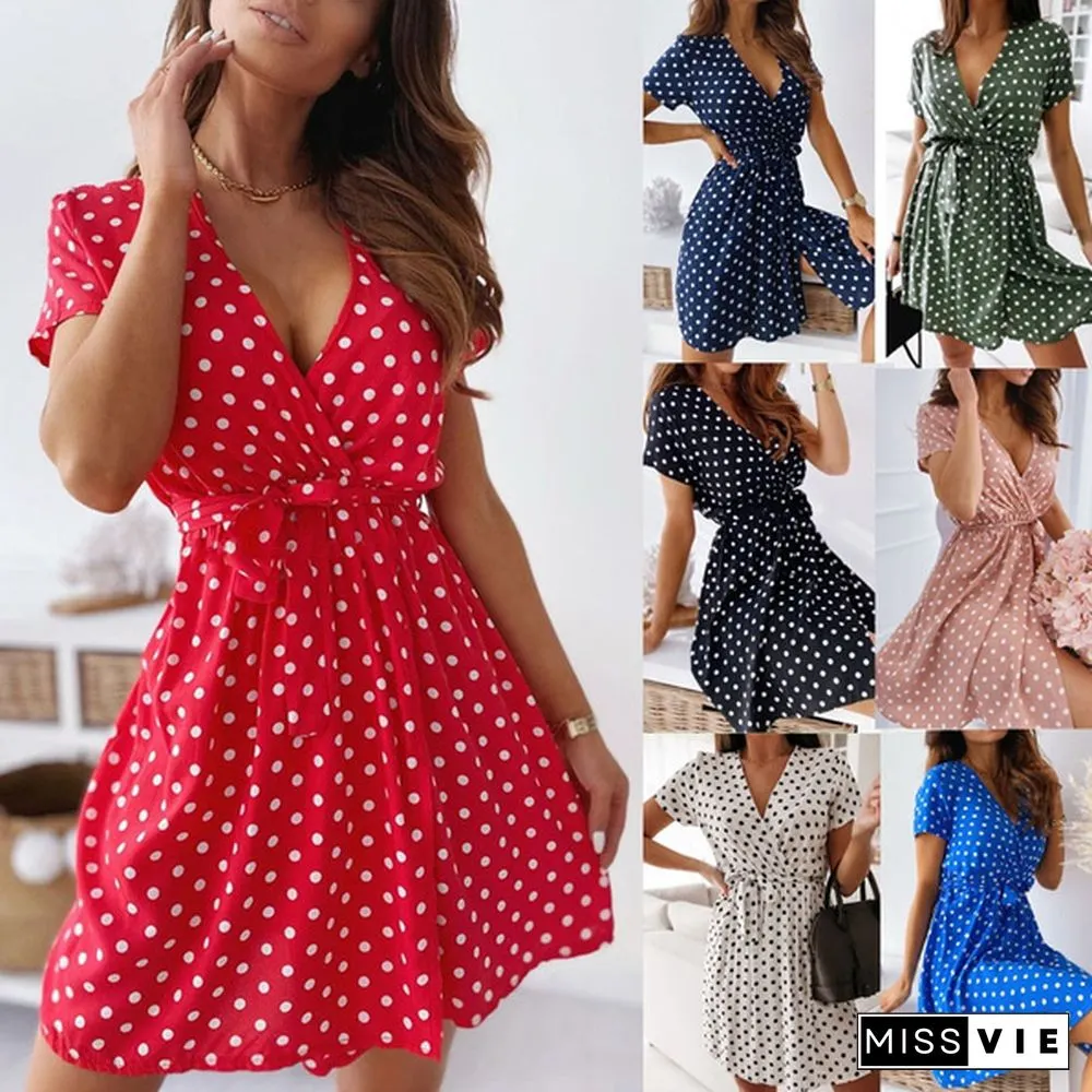 Summer V Neck Polka Dot Boho Dress Bohemian Women Beach Dress Fashion Short Sleeve Casual Mini Dress