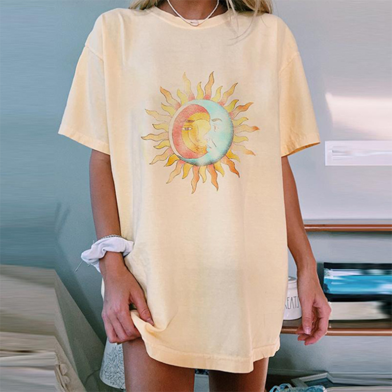   Retro sun and moon print loose t-shirt - Neojana