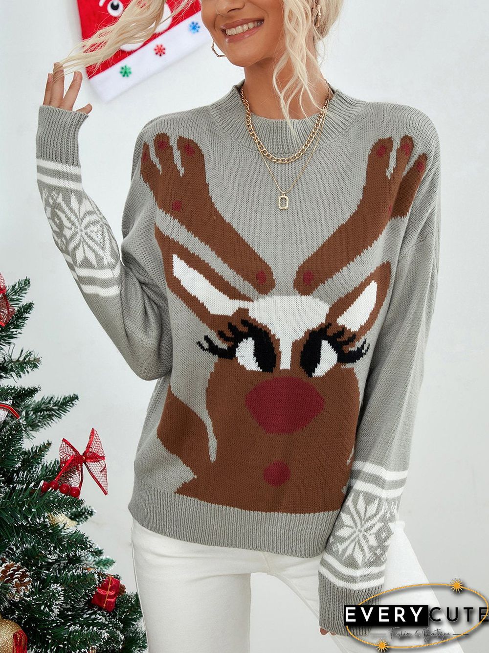 Round Neck Elk Pattern Grey Sweater