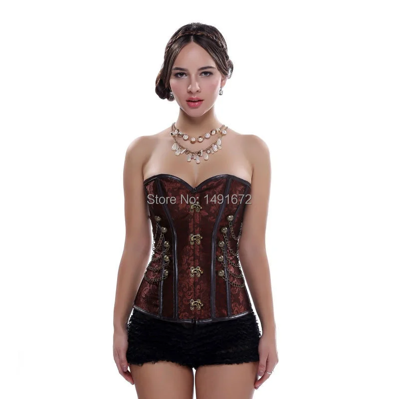 Billionm Sapubonva steampunk corsets and bustiers plus size black brown leather corset steel bone spiral tops chain gothic pirate vintage
