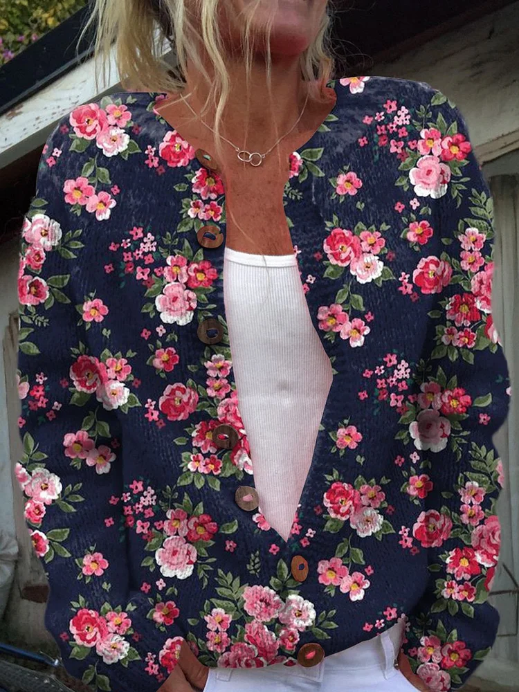 Vintage Floral Art Print Buttoned Cardigan Sweater
