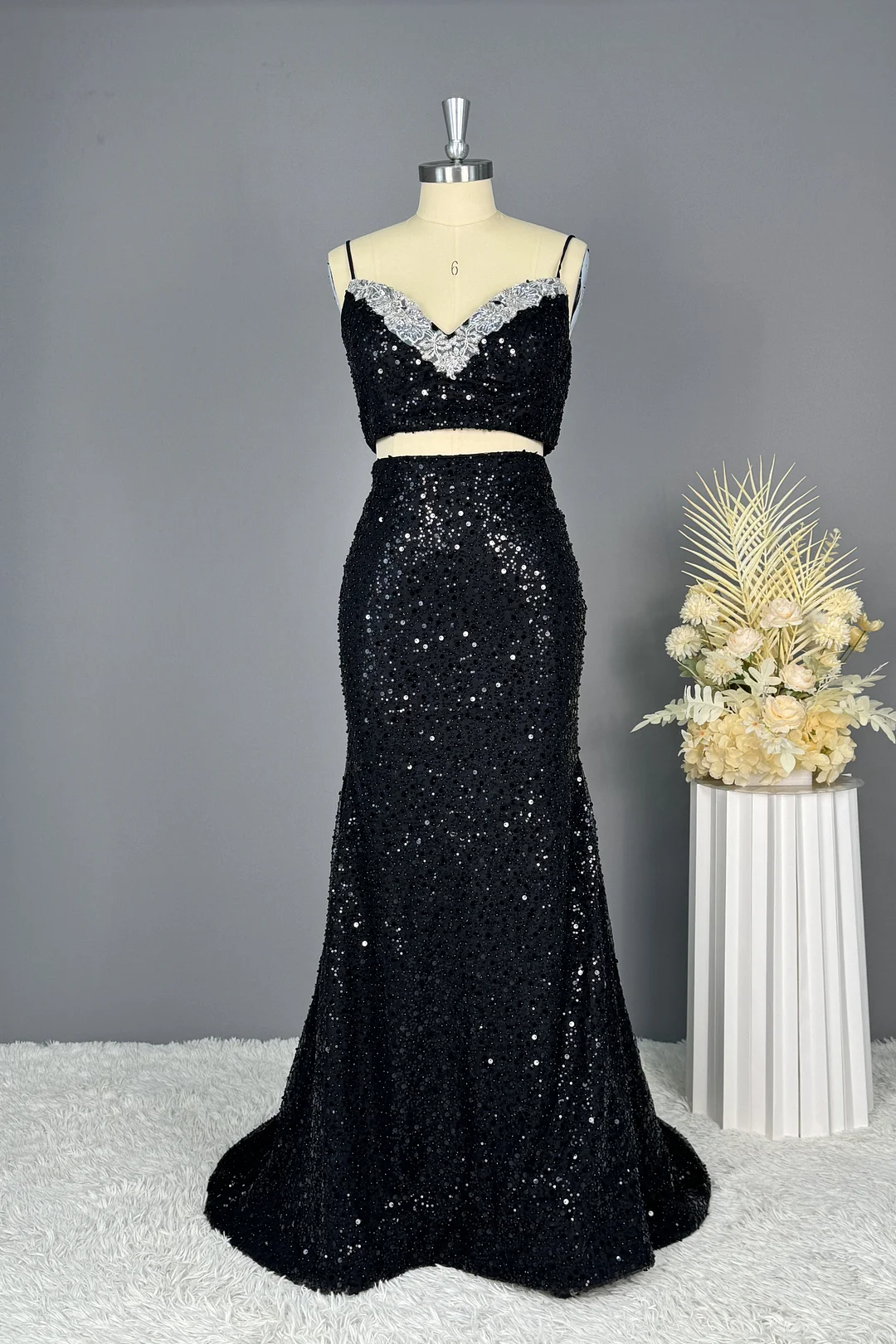 Okdais Black Appliques Prom Dress Long Mermaid Beadings Sequins YL0300