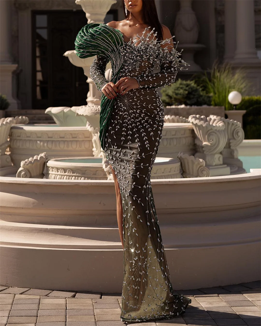 Women's Off Shoulder Slit Embroidered Evening Dress - 01
