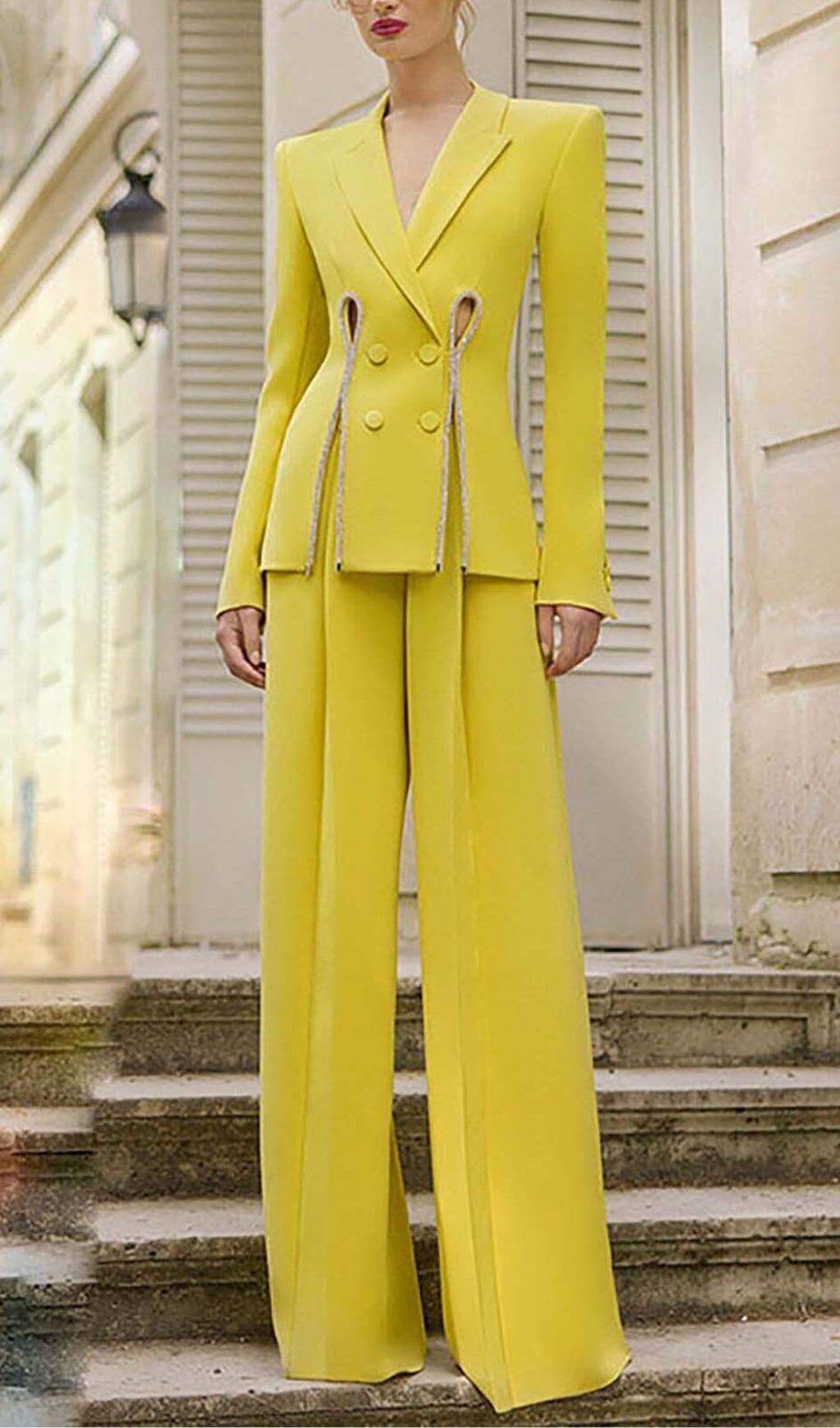CRYSTAL TRIM CUTOUT JACKET SUIT IN YELLOW