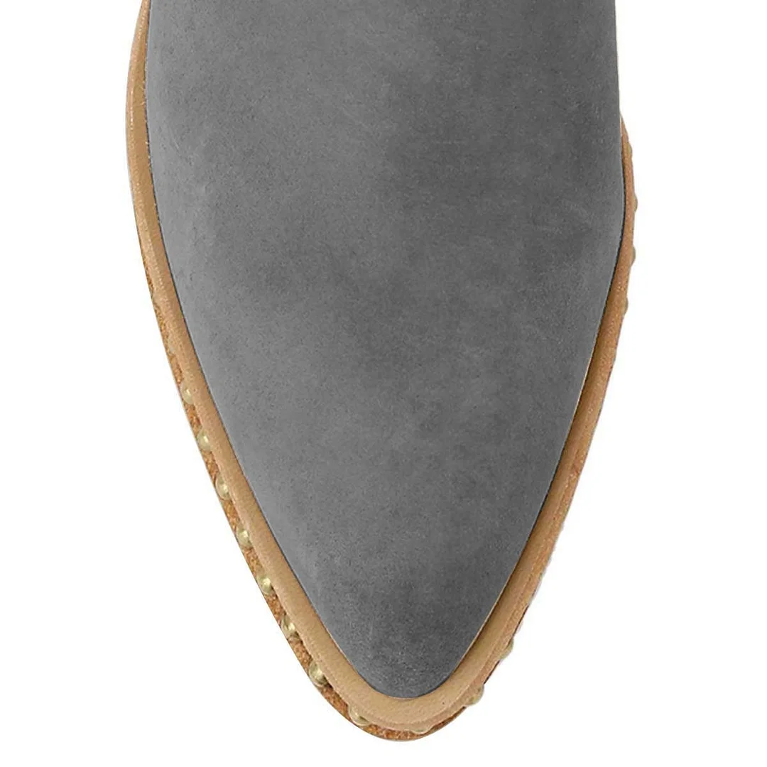 Grey Vegan Suede Studded Stacked Heeled Booties with Buckle Strap