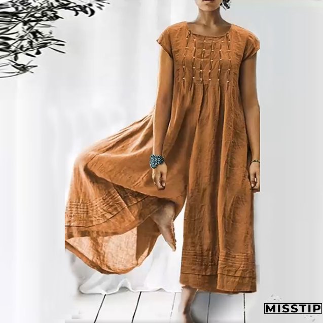 Fashion Vintage Crinkled Cotton Linen Elegant Wide Leg Loose Jumpsuit