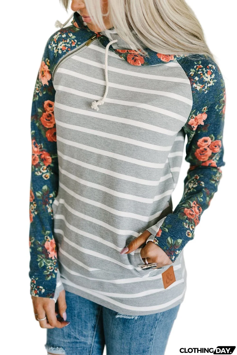 Striped Floral Print Long Sleeve Zipper Hoodie