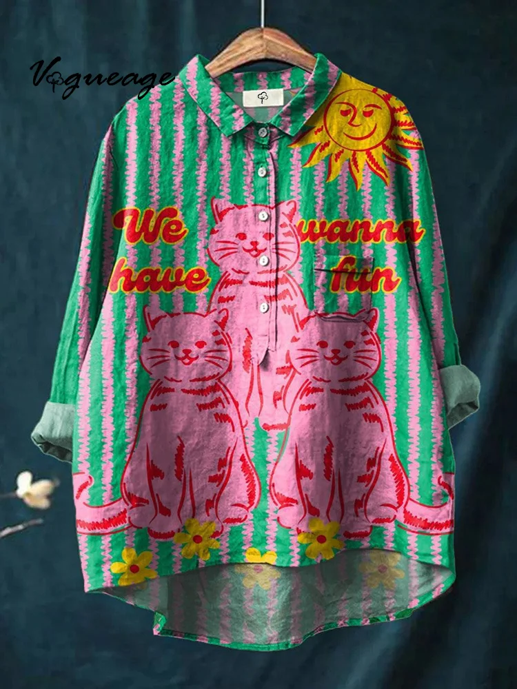 We Wanna Have Fun Cute Cat Print Green Cotton And Linen Shirt