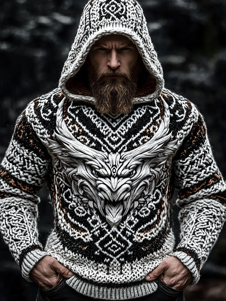 Men's Viking Tribal Dragon Jacquard Celtic Inspired Knit Hooded Sweater