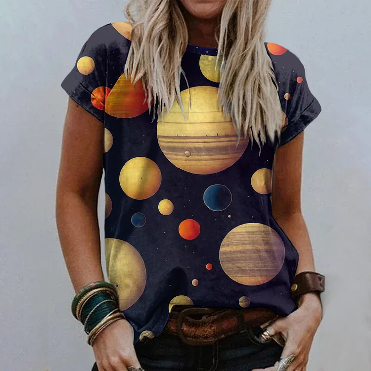 Kurzarm-T-Shirt mit Rundhalsausschnitt und Planeten-Print