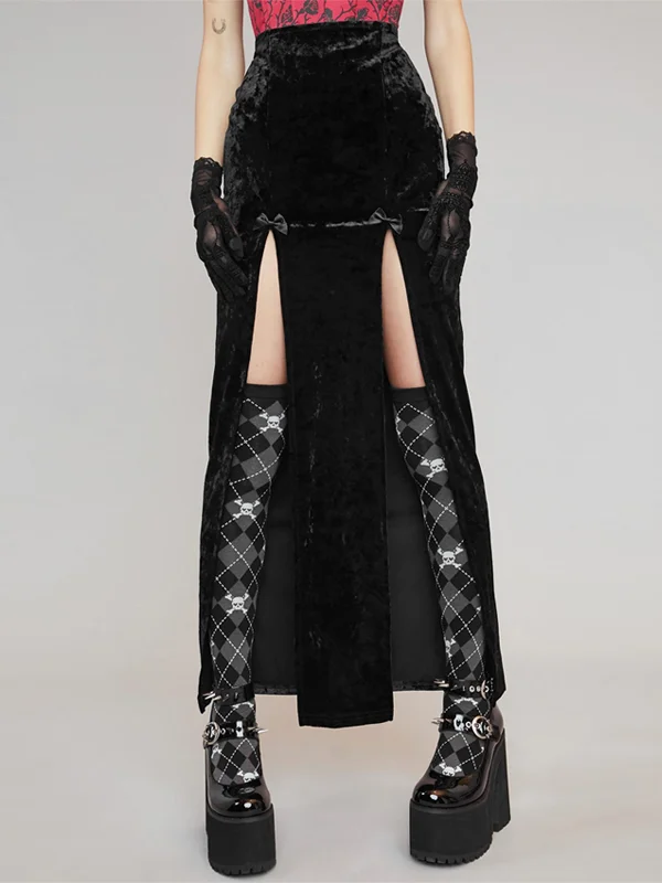 Gothic Dark Party Punk Style Velvet Bowknot Decorated Split High Rise Slim Long Skirt