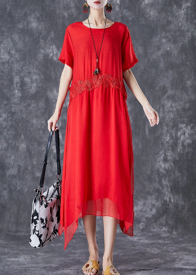 Natural Red Oversized Lace Patchwork Cotton Vacation Dresses Summer