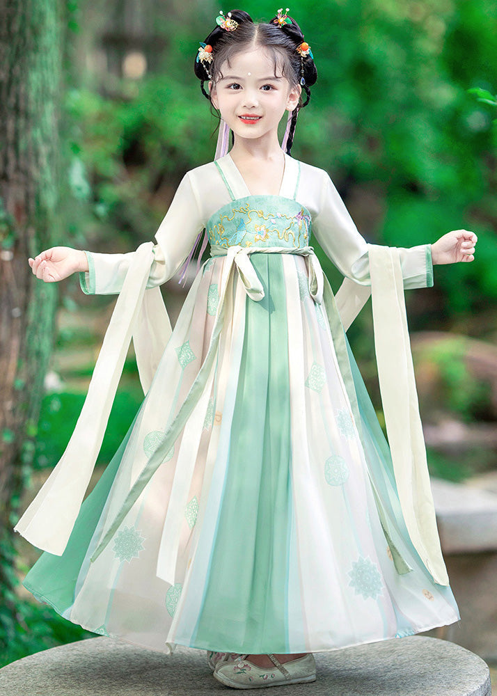 VCSHOES Green Embroideried Patchwork Tie Waist Kids Girls Long Dress Long Sleeve