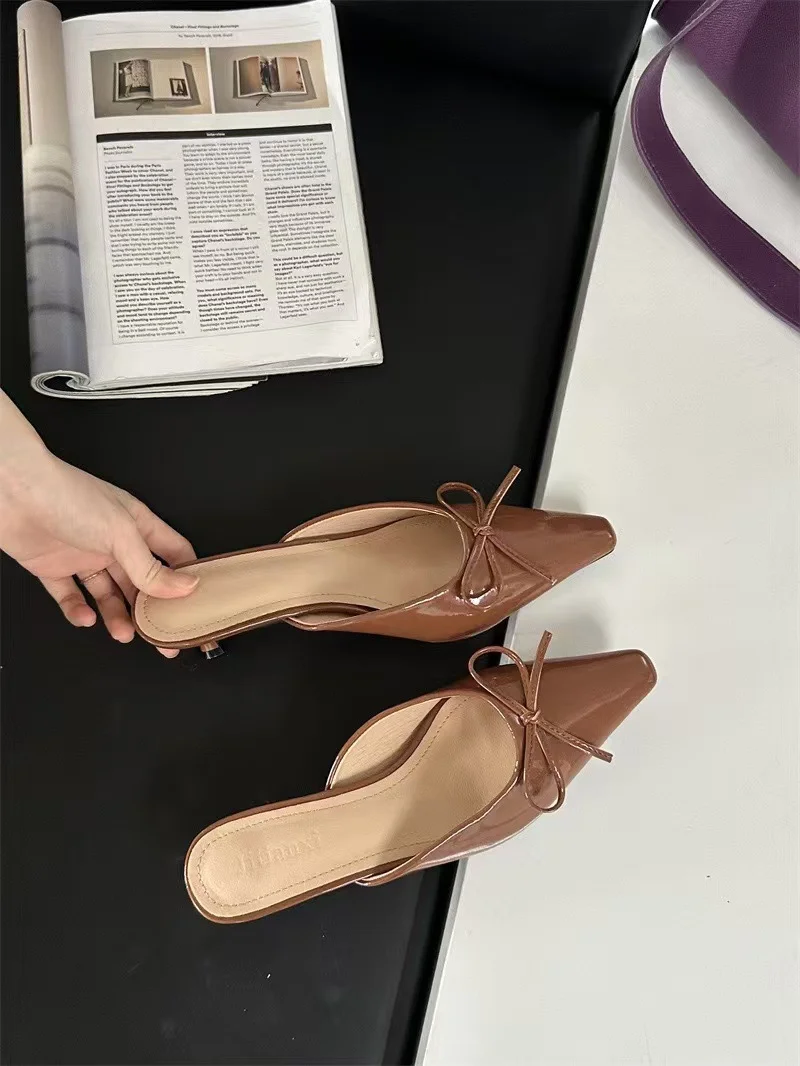 Breakj Breakj The Summer Of 2025, The New Bow In The Fine Heel Muller Shoes Half Slippers Women's Large-Size High-Heeled Single-Shoe Sand Slippers