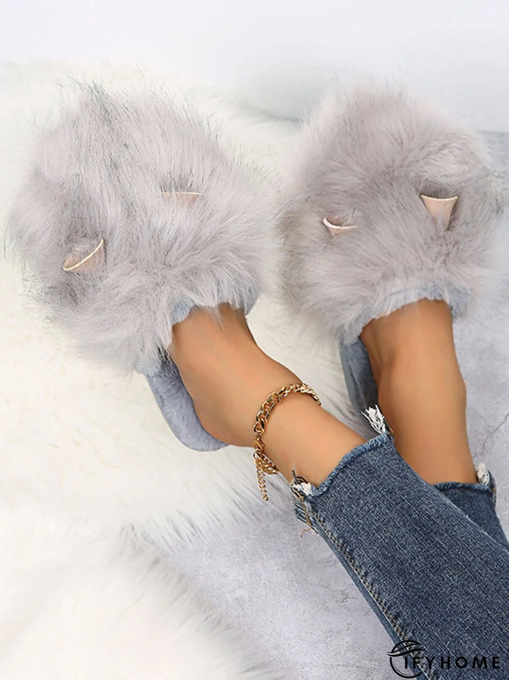 Cute Cat Ears Mohair Warm Fleece Indoor Slippers | IFYHOME
